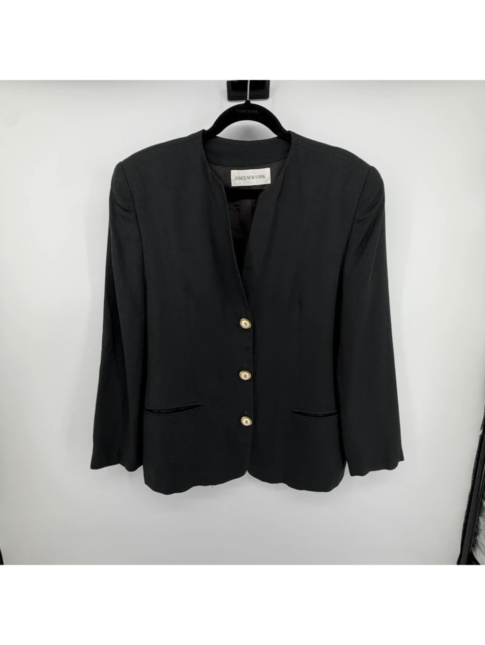 Vintage Jones New York Black Linen Blend Collarless Blazer Pearl Buttons